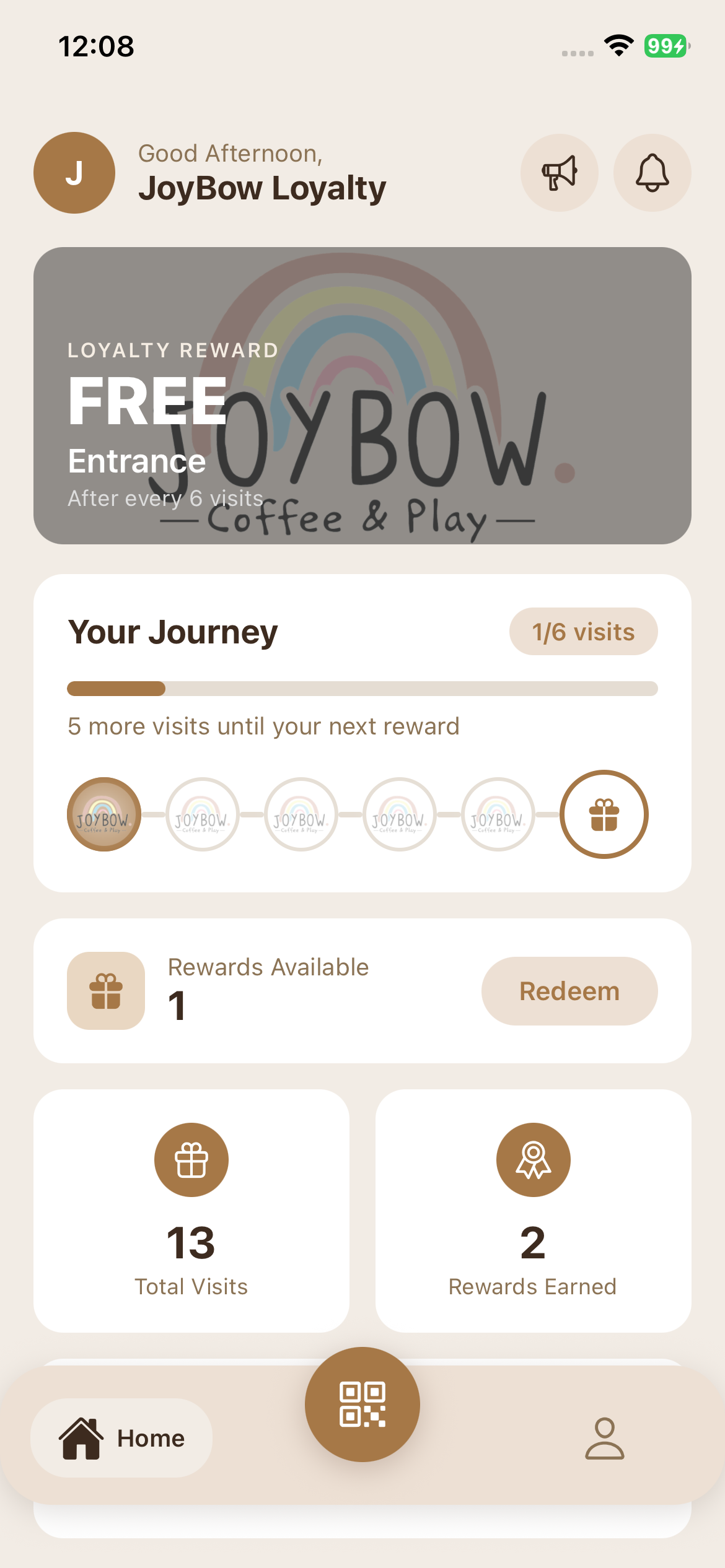 JoyBow app home screen showing the loyalty journey, rewards, and visit stats